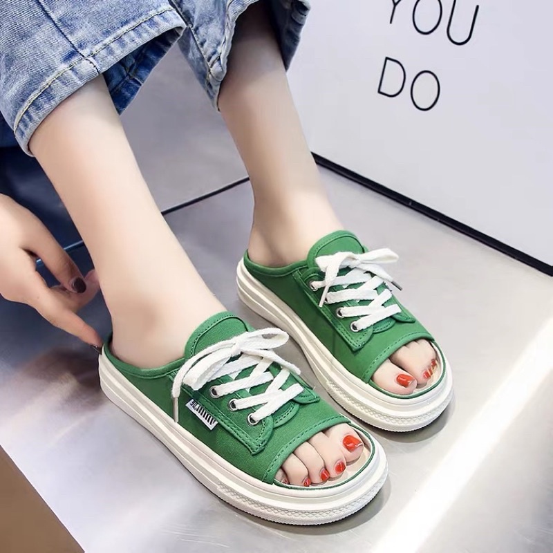Giày sục nữ - giày đạp gót mũi thủng - Quai canvas cute - mới nhất