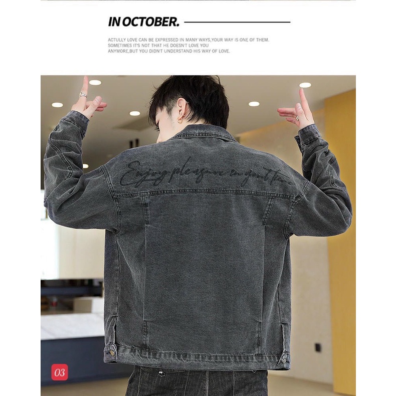 Ao Khoác Jean Nam-Khoác Bò Nam NN37BH Xám Rách Phối Chữ Thêu Cá Tính Trẻ Trung