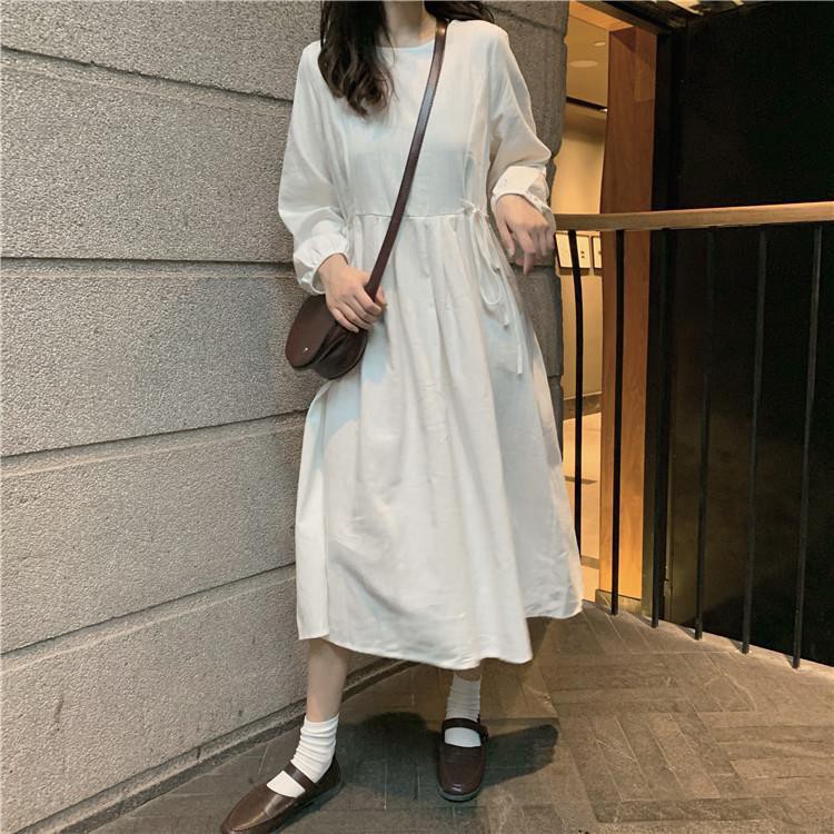 [Mã WASTMAY giảm 15% tối đa 30K đơn 150K] Đầm Trắng Dáng Xòe Cổ Tròn Thắt Nơ Eo Cực Xinh Freesize - V.042 | BigBuy360 - bigbuy360.vn