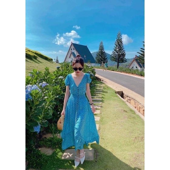 Đầm maxi hoa nhí xanh hở lưng cực vintage nàng thơ lên hình chất chill