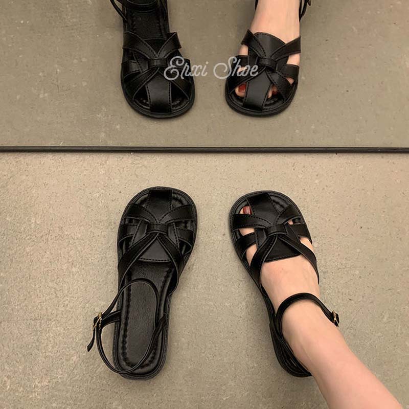 Oeggeo shop Xăng đan Đế Thấp Mũi Tròn Đan Dây Hở Lỗ Dành Cho Nữ