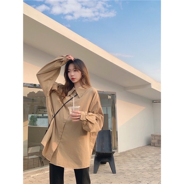 Sơmi màu nâu tây hottrend unisex cho cả nam và nữ from rộng