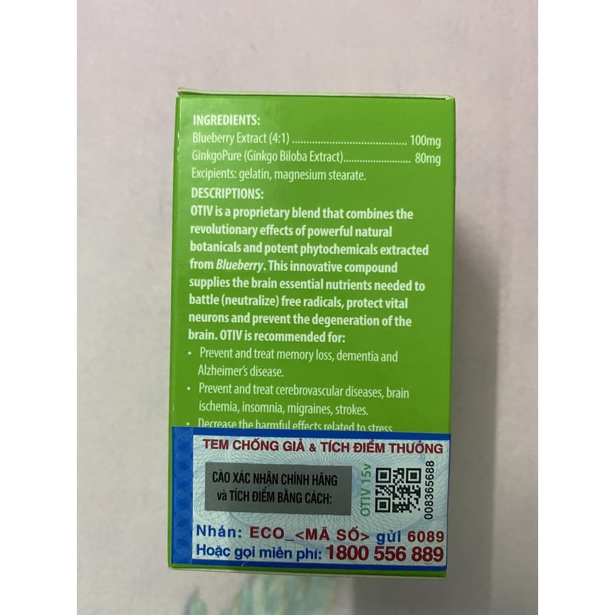 [chính hãng] OTIV-Tăng Cường Trí Nhớ,Cải Thiện Mất Ngủ,Đau Nửa Đầu,có tem tích điểm - Hộp 30 viên
