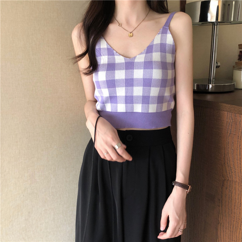 Áo lửng hai dây cổ tim họa tiết ca rô gợi cảm cho nữ