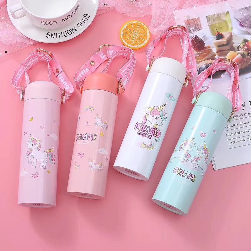 Bình giữ nhiệt unicorn 300ml có dây sách BGN008 Buzz, màu sắc loang cá tính dễ thương xinh xắn cute