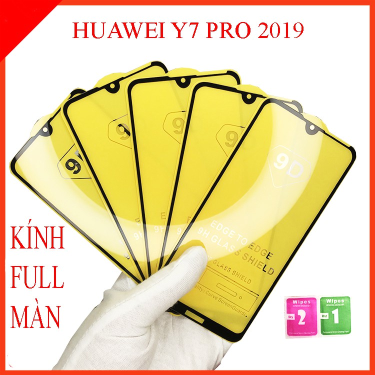 Kính cường lực Huawei Y7 Pro 2019, Kính cường lực full màn hình, Ảnh thực shop tự chụp, tặng kèm bộ giấy lau kính