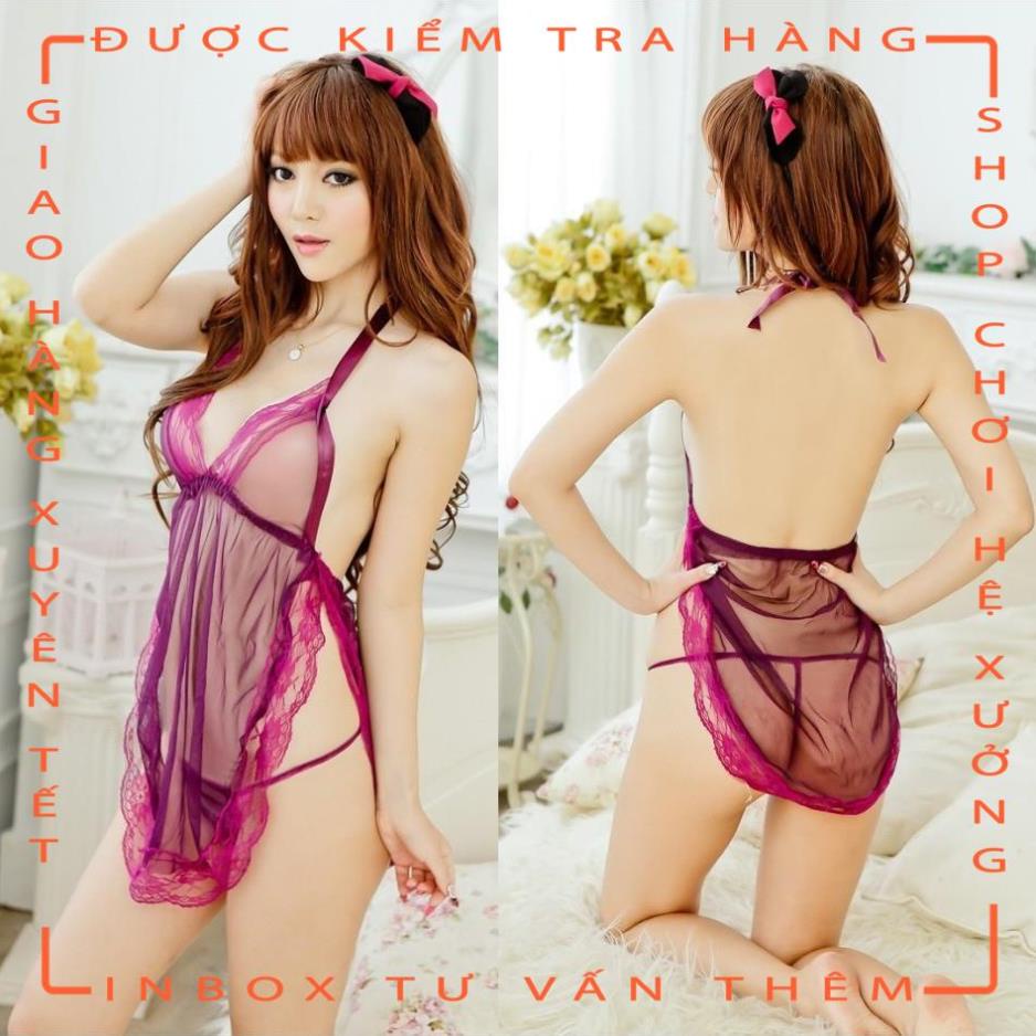 Bộ đồ ngủ ren sexy gợi cảm dáng yếm cột kèm quần lọt khe màu tím và đen - bd sm cosplay phòng ngủ  - hot tiktok | BigBuy360 - bigbuy360.vn