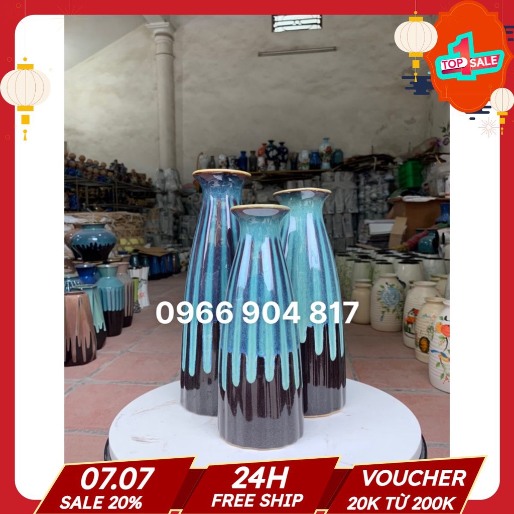 Bình Hoa Gốm Bát Tràng, Bình Cắm Hoa Men Hoả Biến, Xanh Lam, Decor Trang Trí