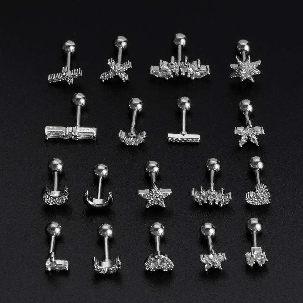 PATH New Fashion CZ Ear Piercing  Women Girl Body Jewelry Stud Earrings Star Moon Heart  Cartilage Helix Tragus  Punk Rock Cross Flower Crown|Color|1PC