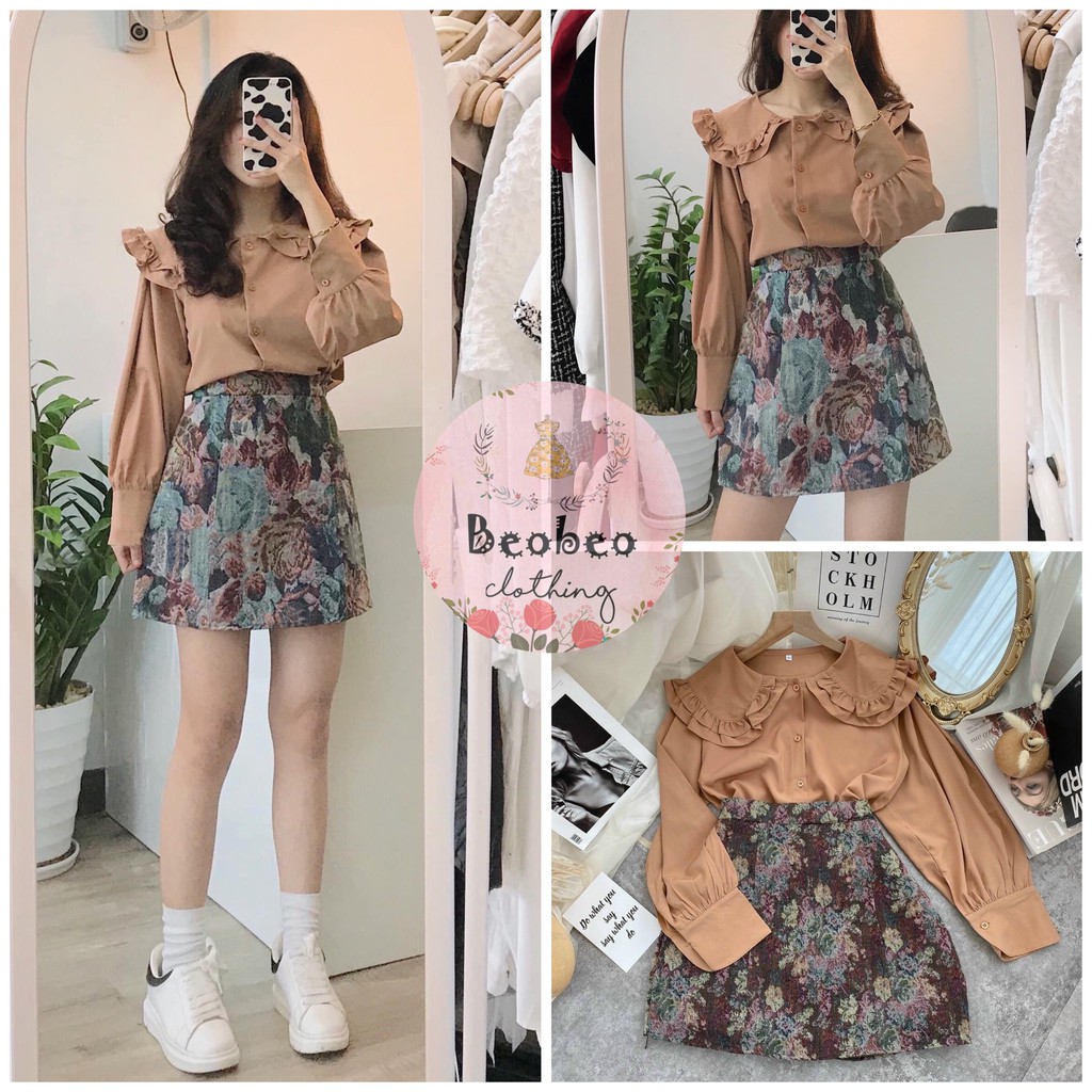 Set áo cổ sen tay phồng kèm chân váy hoa chữ A vintage