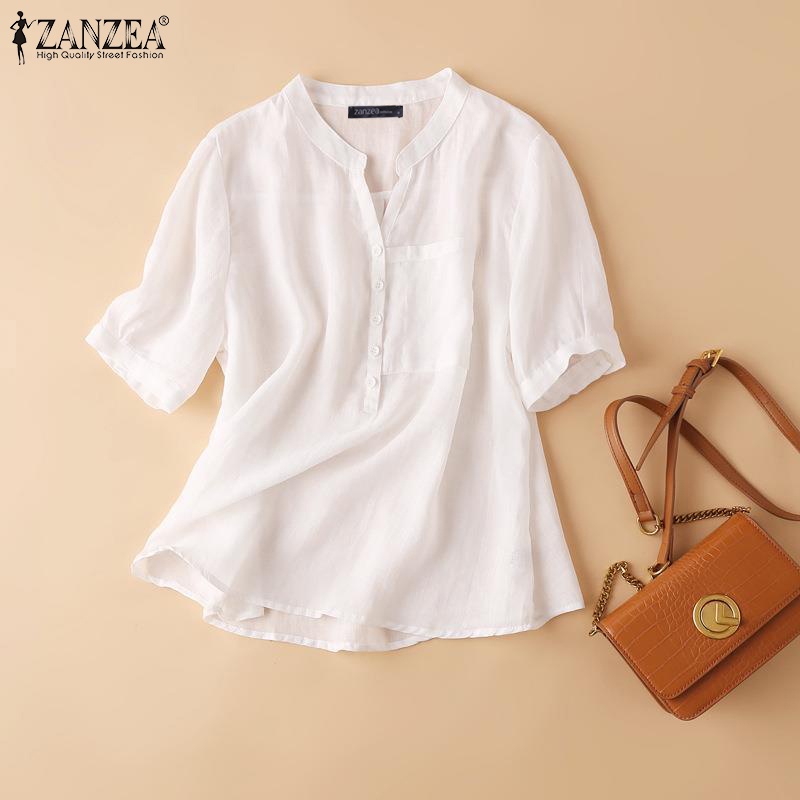 Áo sơ mi ZANZEA tay lửng 3/4 cài nút màu trơn thời trang vintage cho nữ