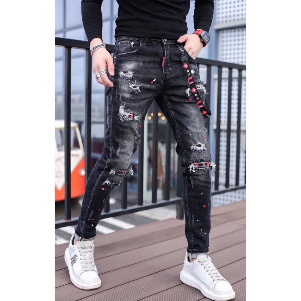 Quần jean vảy sơn rách bụi skinny dáng ôm nhẹ ống côn body quần jean nam co giãn Đẹp !