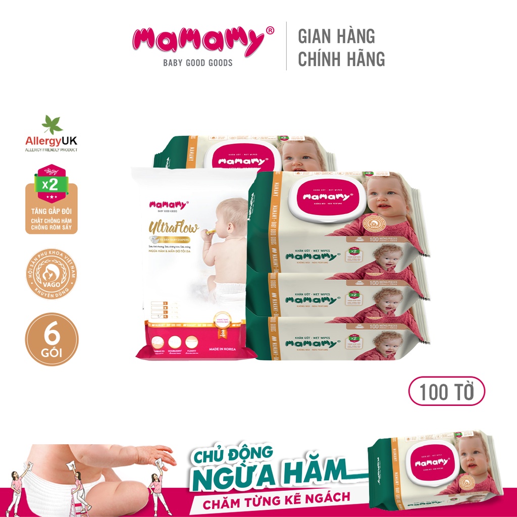 Combo 6 khăn ướt Mamamy 100 tờ và 1 gói 3 miếng tã dán Mamamy đủ size