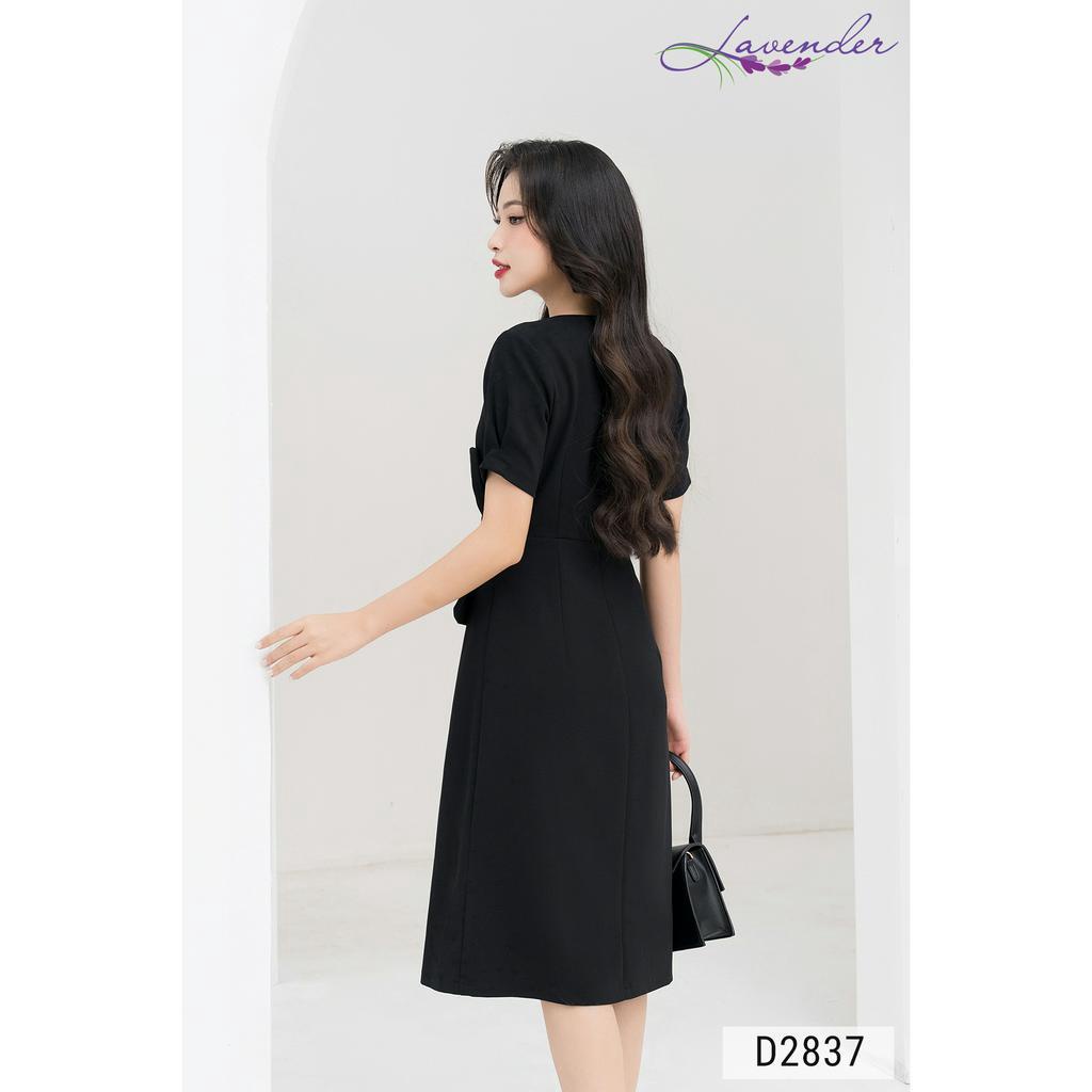 Đầm công sở thiết kế LAVENDER màu đen dáng xòe phối nơ đính ngọc 1 bên D2837