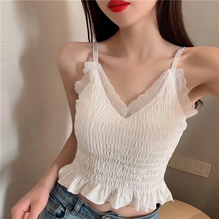 Influencer Áo Lót Quấn Ngực Không Tay Xếp Ly Nhỏ Phối Ren Có Đệm Ngực Kiểu Pháp Đẹp Mắt Cho Nữ