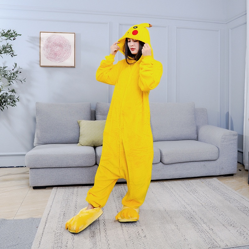Bộ Đồ Ngủ Liền Thân Hình Pikachu Hoạt Hình Có Mũ Cho Người Lớn Và Trẻ Em