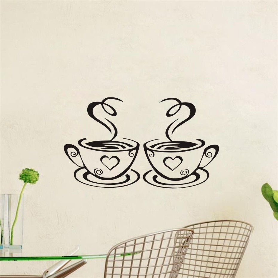 Cặp Sticker Dán Tường Bằng Pvc Màu Đen Chống Thấm Nước Họa Tiết Cốc Cà Phê Lãng Mạn