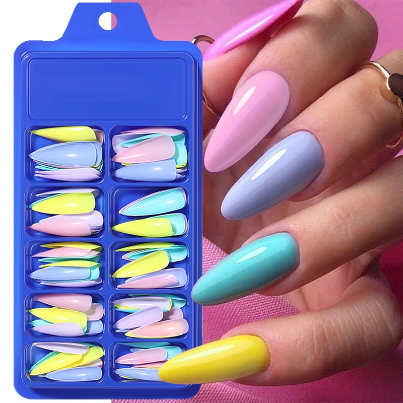Bộ 100 móng tay giả UR SUGAR phủ toàn diện màu vàng/ xanh lá neon dáng coffin