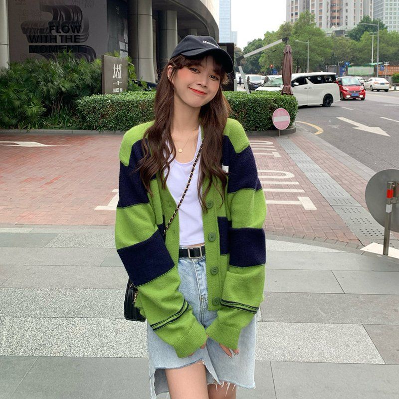 Áo cardigan dệt kim IELGY tay dài phối sọc caro kết hợp nhiều màu kiểu Pháp retro cho nữ