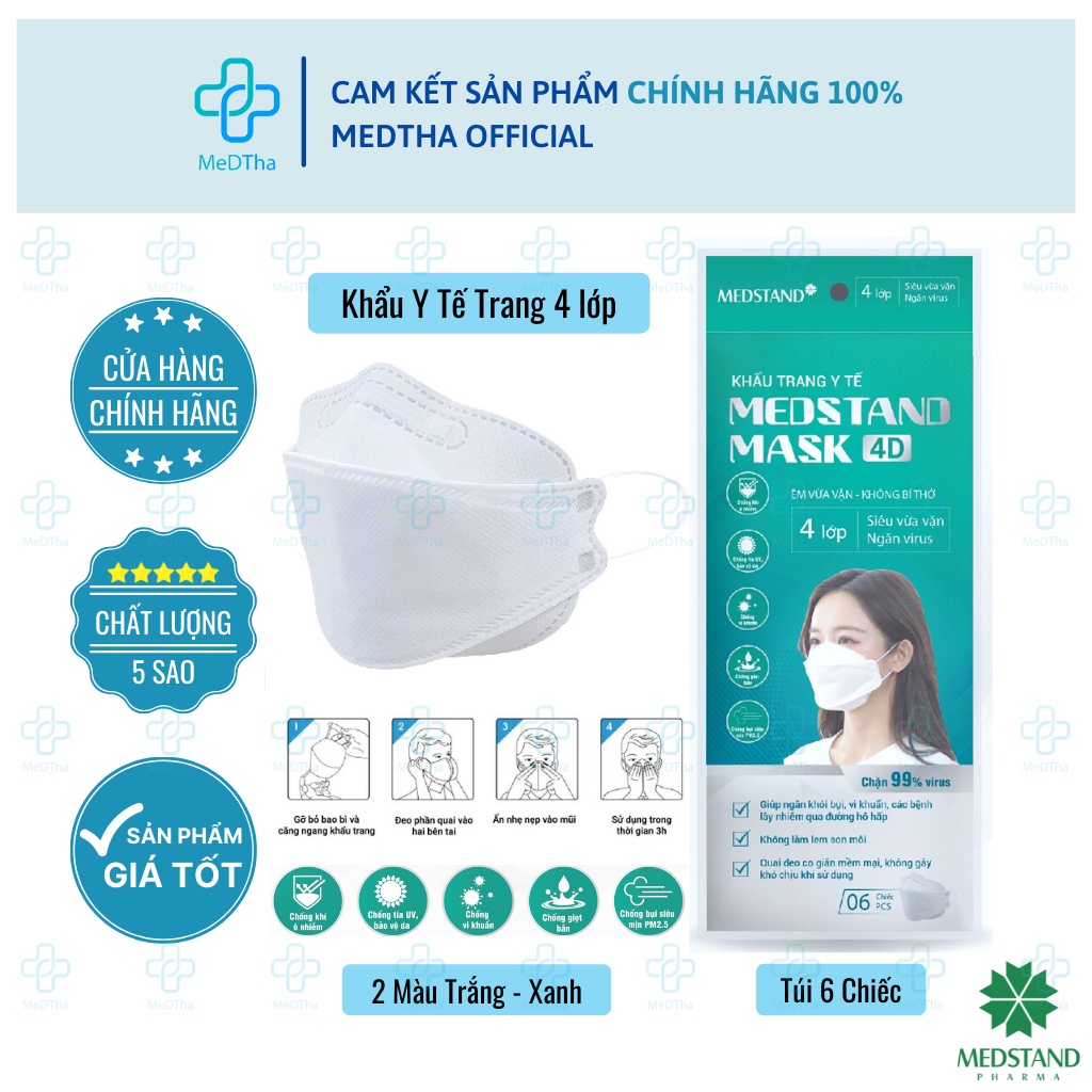 Khẩu Trang Y Tế 4D Mask Medstand Chính Hãng Công ty Dược (6 chiếc/túi) - 2 Màu Xanh Trắng