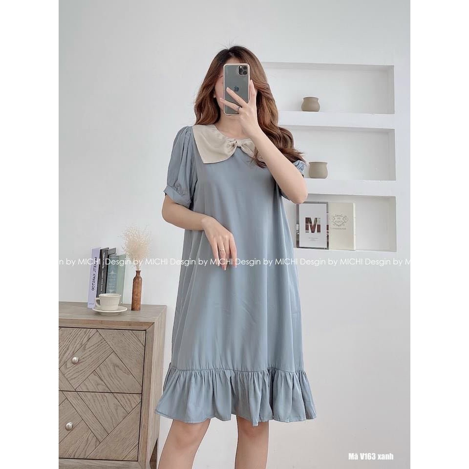 váy suông cộc tay đuôi cá nơ cổ vai bồng điệu đà