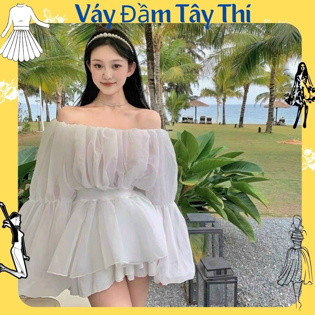 Set đồ nữ sang chảnh, set voan dài tay có lót chân váy xòe nhún eo mặc tôn dáng tone trắng tinh khôi Tây Thi Shop