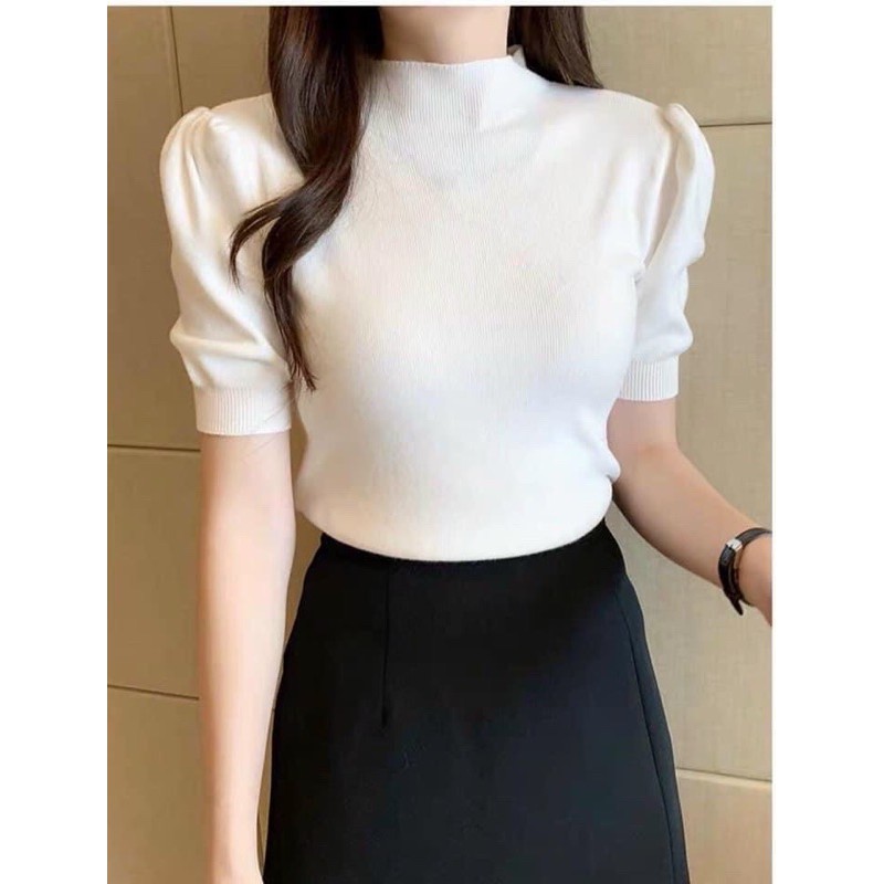 Áo thun gân len cổ lọ tay phồng, Áo crop top cổ lọ ngắn tay màu trơn thời trang
