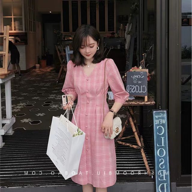 Đầm sơ mi cổ V tay lỡ và váy suông cotton nữ