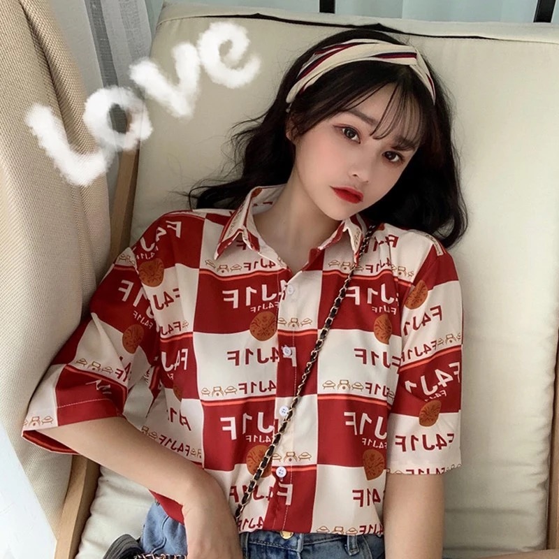 SUXI Áo Sơ Mi Nữ Ngắn Tay Phong Cách Retro