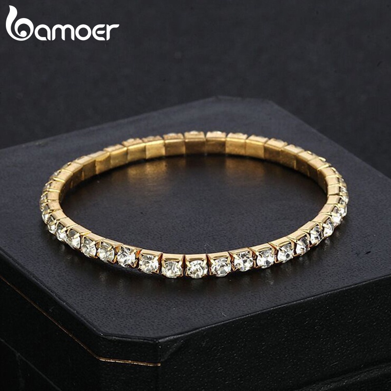 Vòng đeo tay Bamoer co giãn đính đá zircon lấp lánh 2 màu dành cho nữ