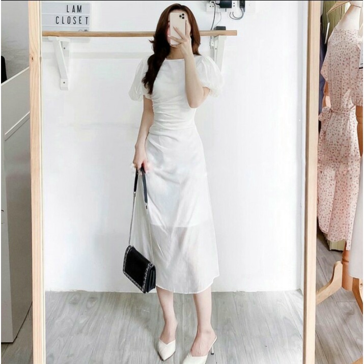 Váy nữ cổ tròn thiết kế tay phồng dáng dài, Đầm thời trang công sở cao cấp dự tiệc sang trọng V120