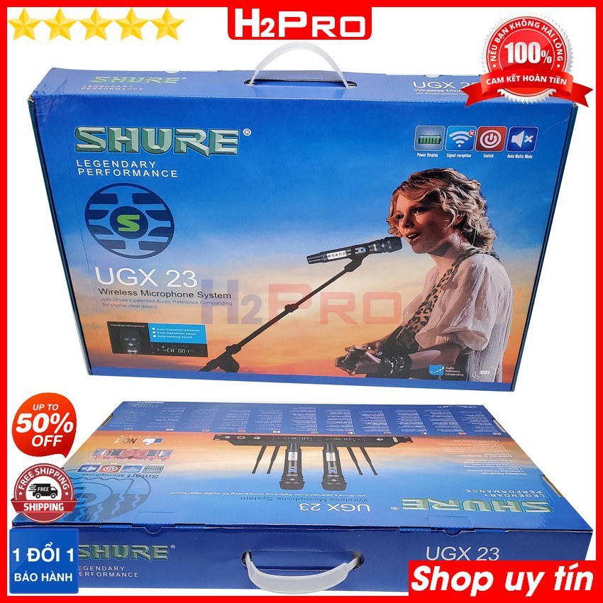 Bộ 02 micro không dây Shure UGX 23 H2Pro-4 râu anten, micro karaoke cao cấp mic hút, tiếng sáng, chống hú (tặng quà 60k)