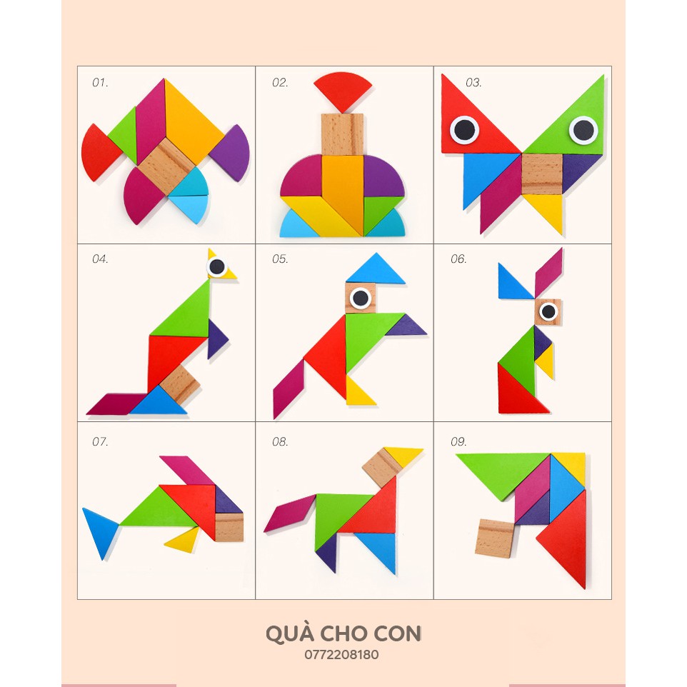 BỘ XẾP HÌNH SQUARE TANGRAM - HEART TANGRAM KÈM SÁCH HƯỚNG DẪN CÙNG 17 HÌNH MẪU RỰC RỠ - HÃNG JOAN MIRO, GWIZ