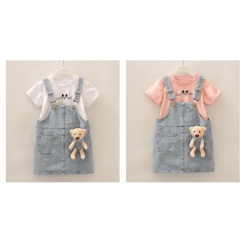 Set đồ gồm áo thun tay ngắn + chân váy yếm denim thời trang mùa hè 2021 dành cho bé gái