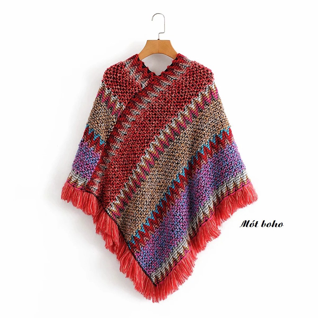 Áo poncho thổ cẩm, tua rua đỏ cam