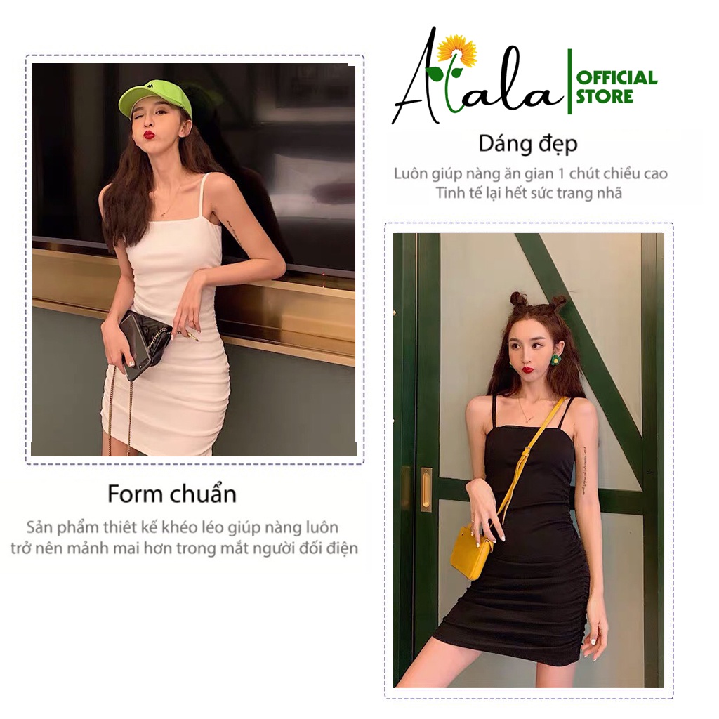 Váy đầm body 2 dây dúm eo ôm body sexy dự tiệc chất gân đầm ngắn gợi cảm đẹp mát màu đen trắng Alala