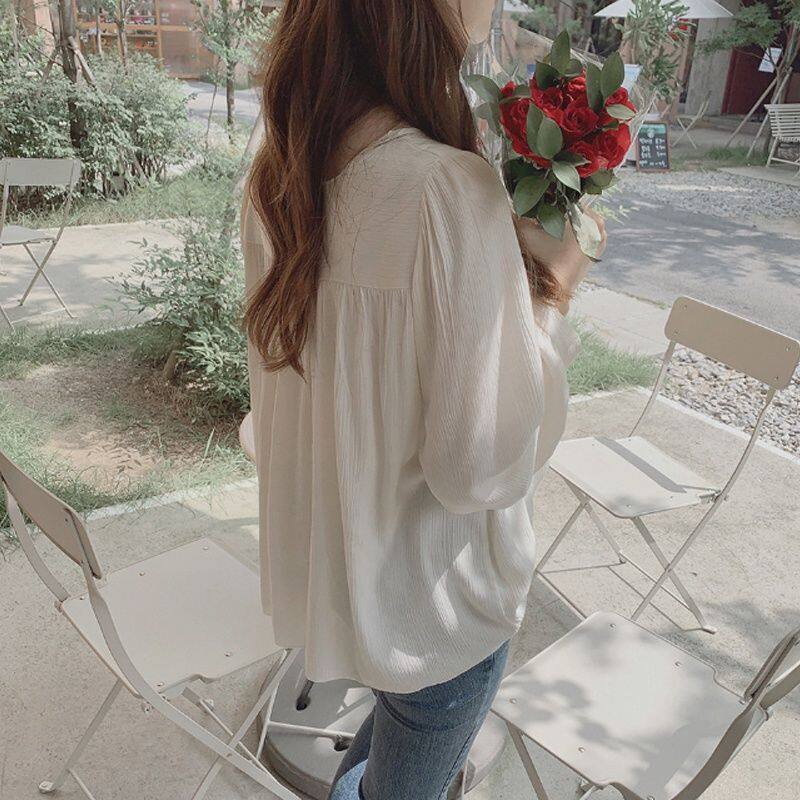 IELGY Áo Sơ Mi chiffon Tay Dài Cổ Vuông Ngọt Ngào Phong Cách Pháp Thời Trang Cho Nữ