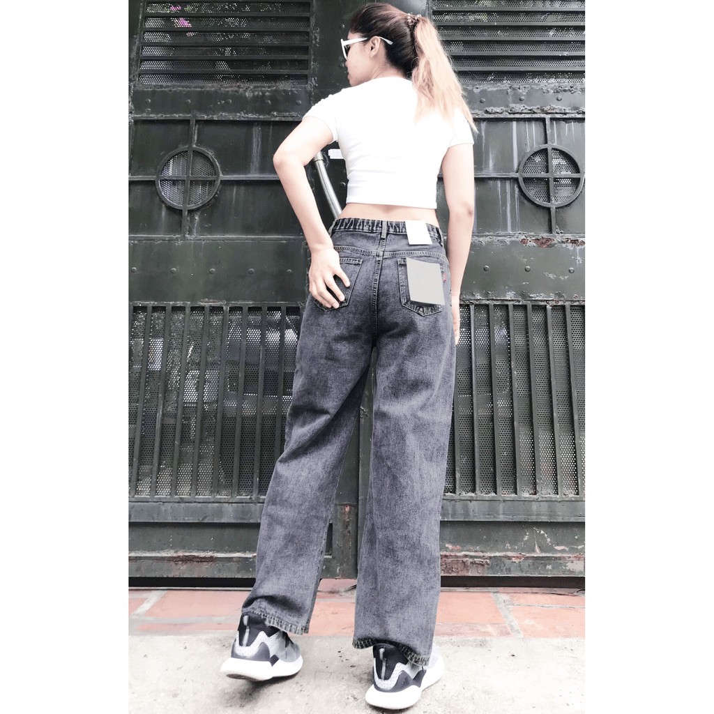 Quần Jeans Nữ Ống Rộng Lưng Cao Túi Xéo Dáng Suông (có lưng chun phía sau linh động eo)