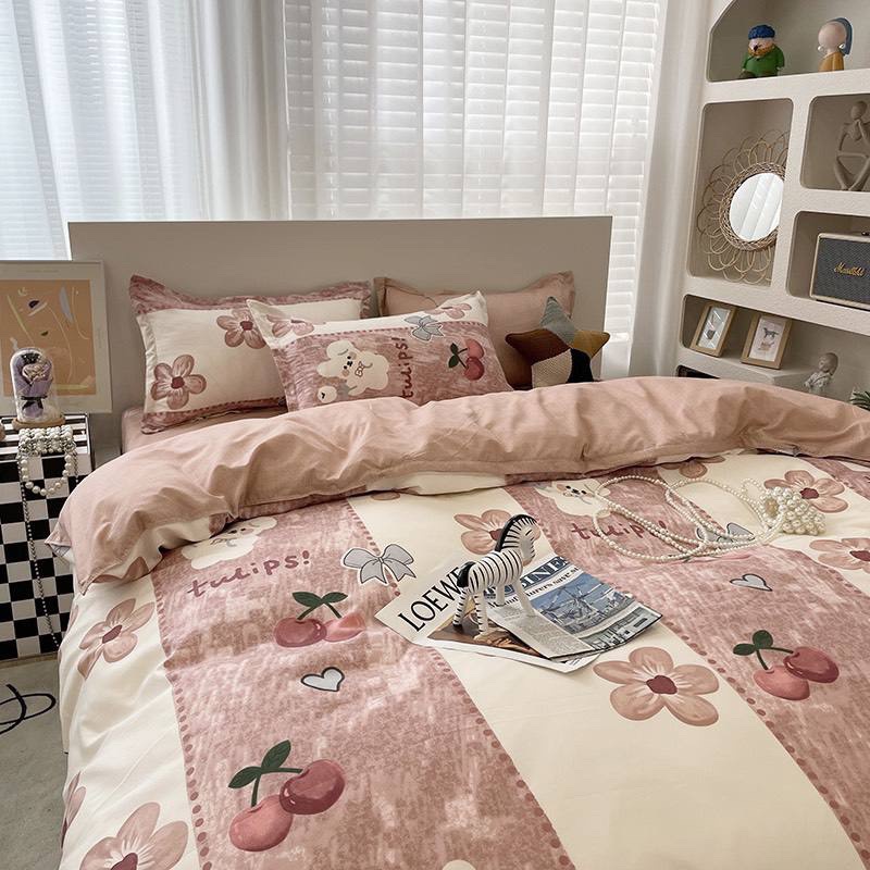 Bộ vỏ chăn ga gối 4 món Cotton Poly chó hoa nâu