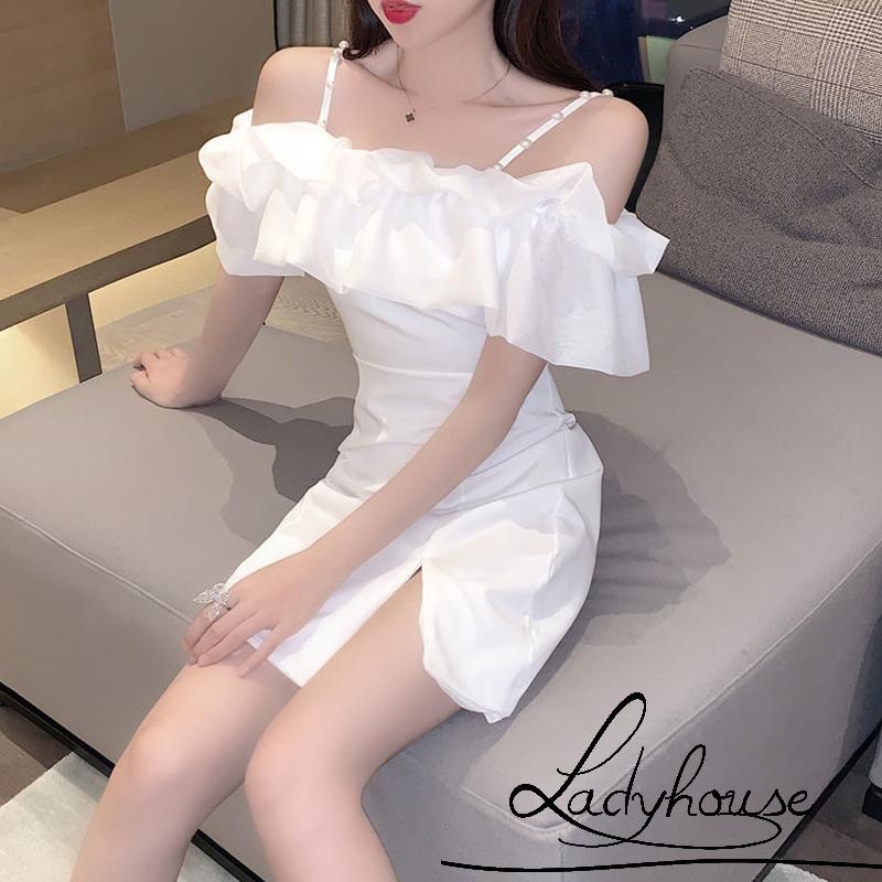 Ldd-đầm Tay Ngắn Trễ Vai Màu Trơn Đính Ngọc Trai Giả Một Mảnh Mùa Hè