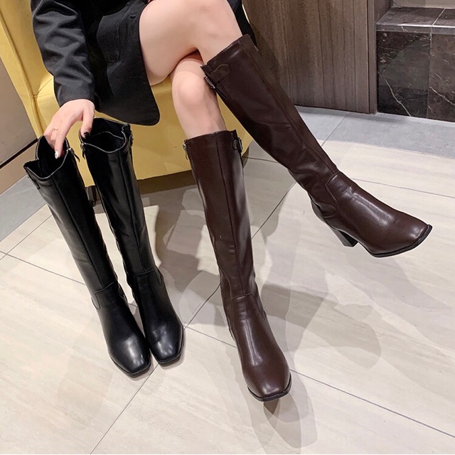 Boots lửng cổ cao dưới gối da mềm gót vuông cao 7cm