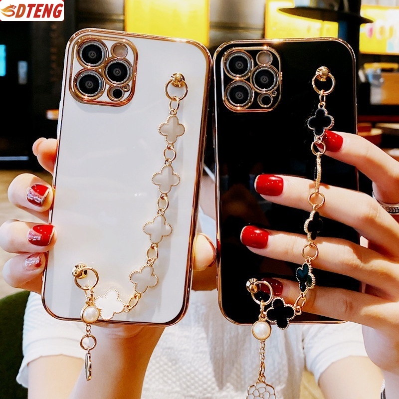 Ốp Điện Thoại Silicon Mạ Điện Hình Cỏ Bốn Lá Kèm Dây Đeo Cho iPhone11 Pro Max iPhoneXs iPhoneXR Max iPhone6 iPhone6S iPhone7 Plus 8 Plus