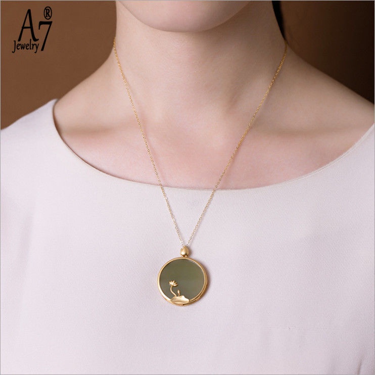 Dây Chuyền Mặt Tròn Hình Hoa Sen Đính Ngọc Bích Phong Cách Trung Hoa Cổ Điển S925