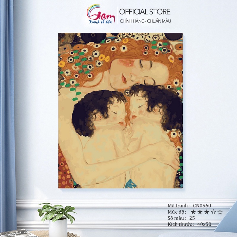 Tranh số hoá tự tô màu mẹ ôm con GAM trang trí treo tường làm quà tặng đã căng khung CN0560