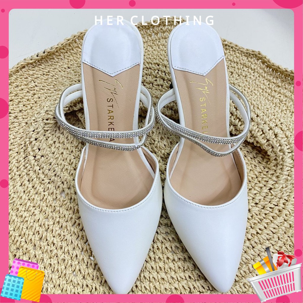 Giày cao gót màu trắng mũi nhọn cao 7cm phối 2 dây đính cườm siêu xinh
