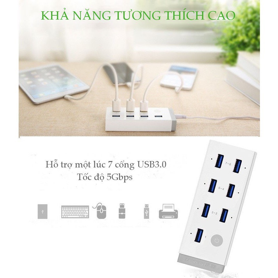 Hub Ugreen đa năng 7 cổng USB 3.0 có nút bật tắt, kèm sạc điện thoại, máy tính bảng, hỗ trợ nguồn 12A/2V Ugreen 20296 CR