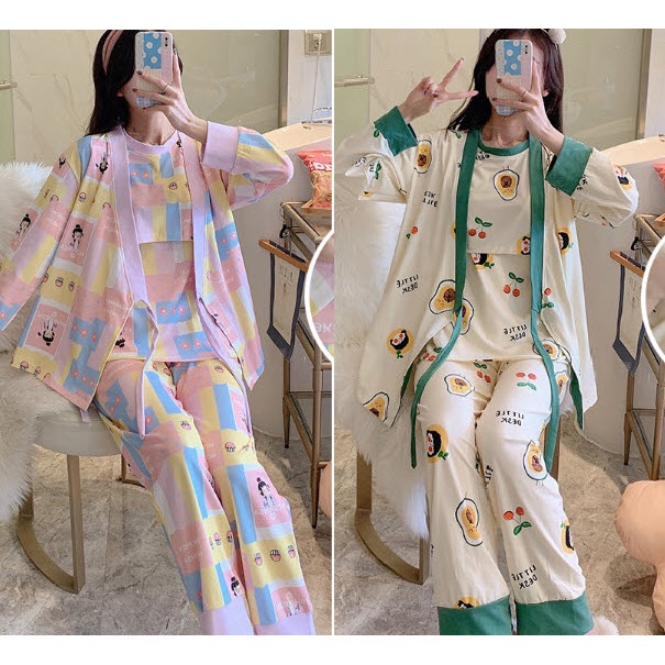 Bộ Bầu Dài Tay Sau Sinh cho con bú Đồ ngủ Kimono bầu đẹp mặc nhà (SET 3) - Quần áo thời trang cho mẹ Bigsize