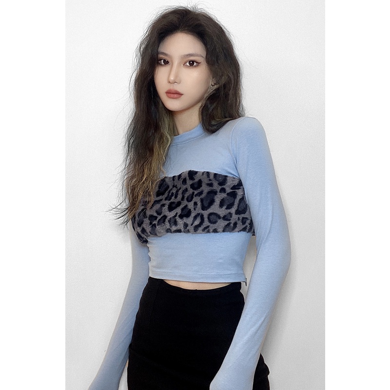 Kliou Áo Thun Tay Dài Cổ Tròn In Họa Tiết Da Báo Thời Trang Xuân Thu Dành Cho Nữ
