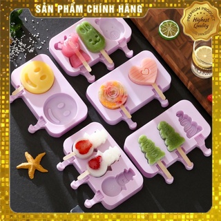 💓 Khuôn làm kem que 3 ô tại nhà 🌸tặng kèm 50 que gỗ🌸chất liệu silicone