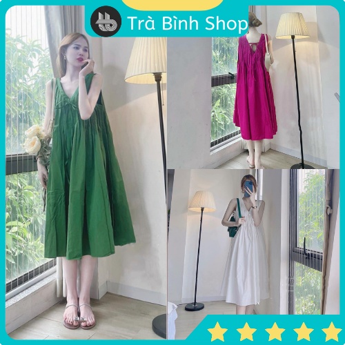 Váy babydoll dập ly thiết kế cổ V thắt dây dáng suông dài chất thô nến xịn, đầm suông dáng dài xếp ly cổ tim